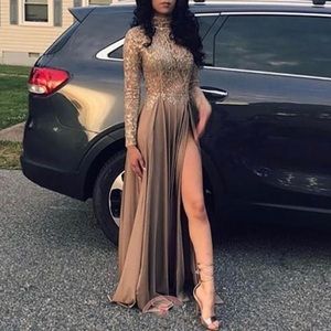 Cream turtle neck high slit prom dress